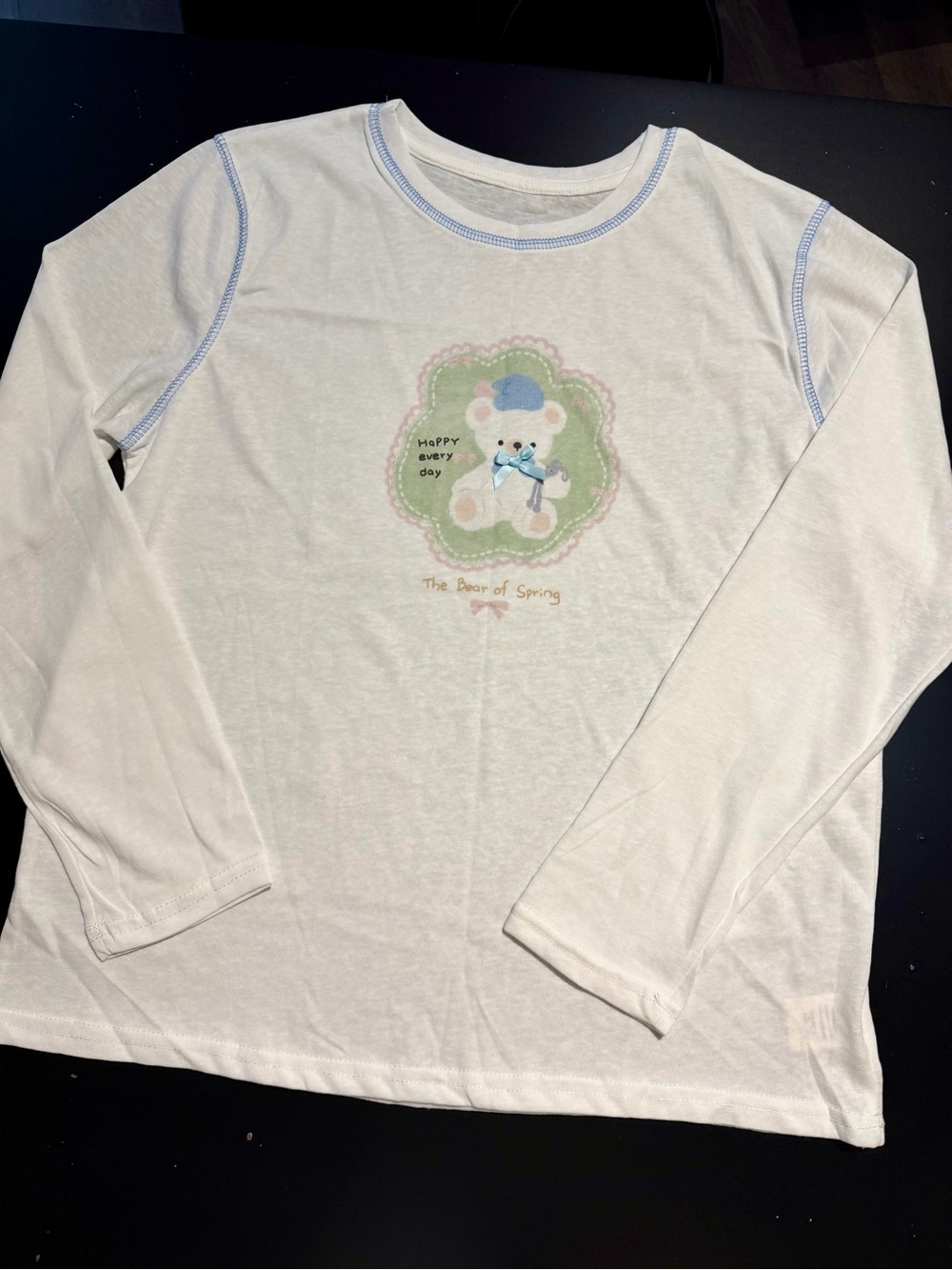 Lightweight White Long-Sleeve Top with Bear Graphic
